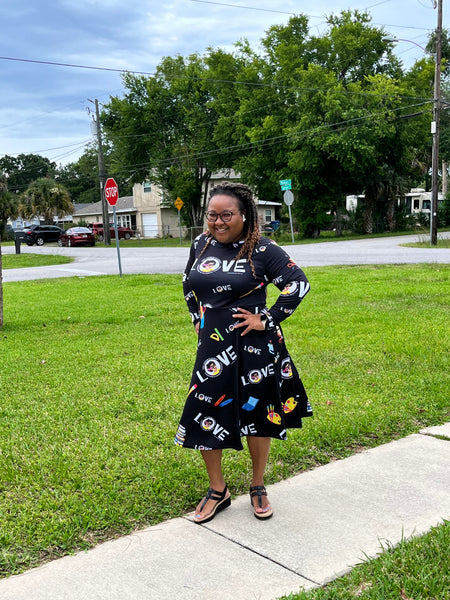 LOVE All-over print long sleeve midi dress Mrs. Ashbury's World "Everyone's Favorite Teacher" LOVE All-over print long sleeve midi dress Mrs. Ashbury's World "Everyone's Favorite Teacher"